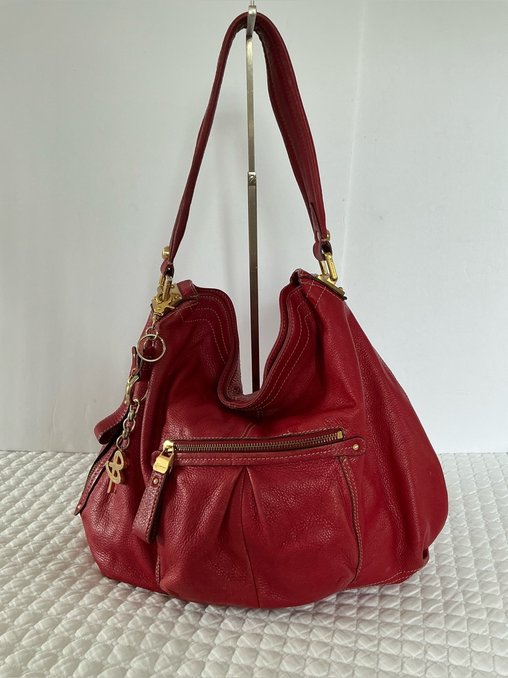 B.Makowsky Red Pebble Leather Shoulder Hobo Bag with Gold Hardware